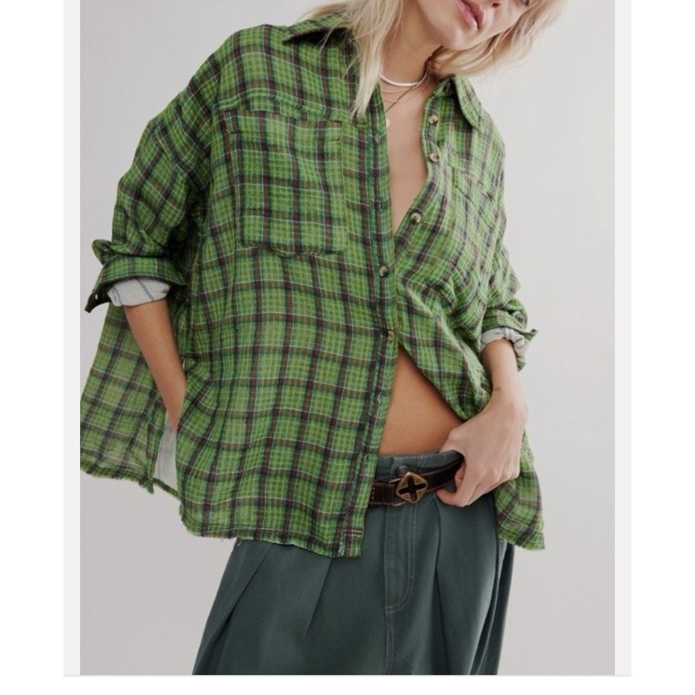 We The Free People Cardiff Plaid Top Button Down Shirt Green Combo S